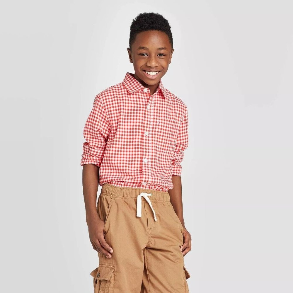 🤑 Cat & Jack Boys' Sizes Red & White Poplin Check Long Sleeve Button shirt